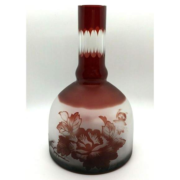 Unbranded Other - Vintage BOHEMIAN GLASS Vase Ruby Red Cut To Clear Neck & Base Frosted Floral